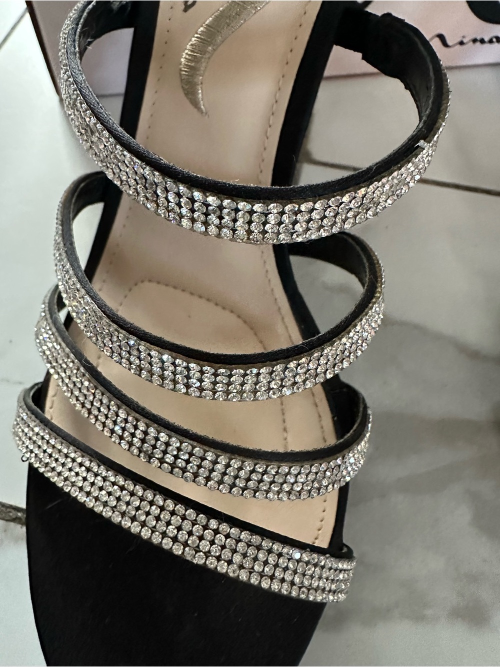 Nina Black Rhinestone Strappy Platform Stiletto Sandals Size 8.5M - Picture 3 of 6